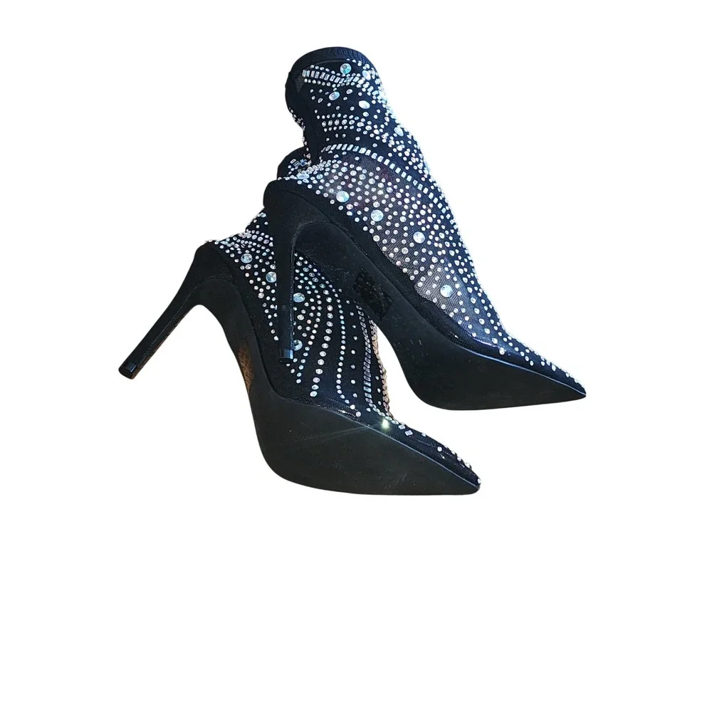 Black Mesh Rhinestone Stiletto Ankle Boots Pointed Toe Sock Booties Size 9